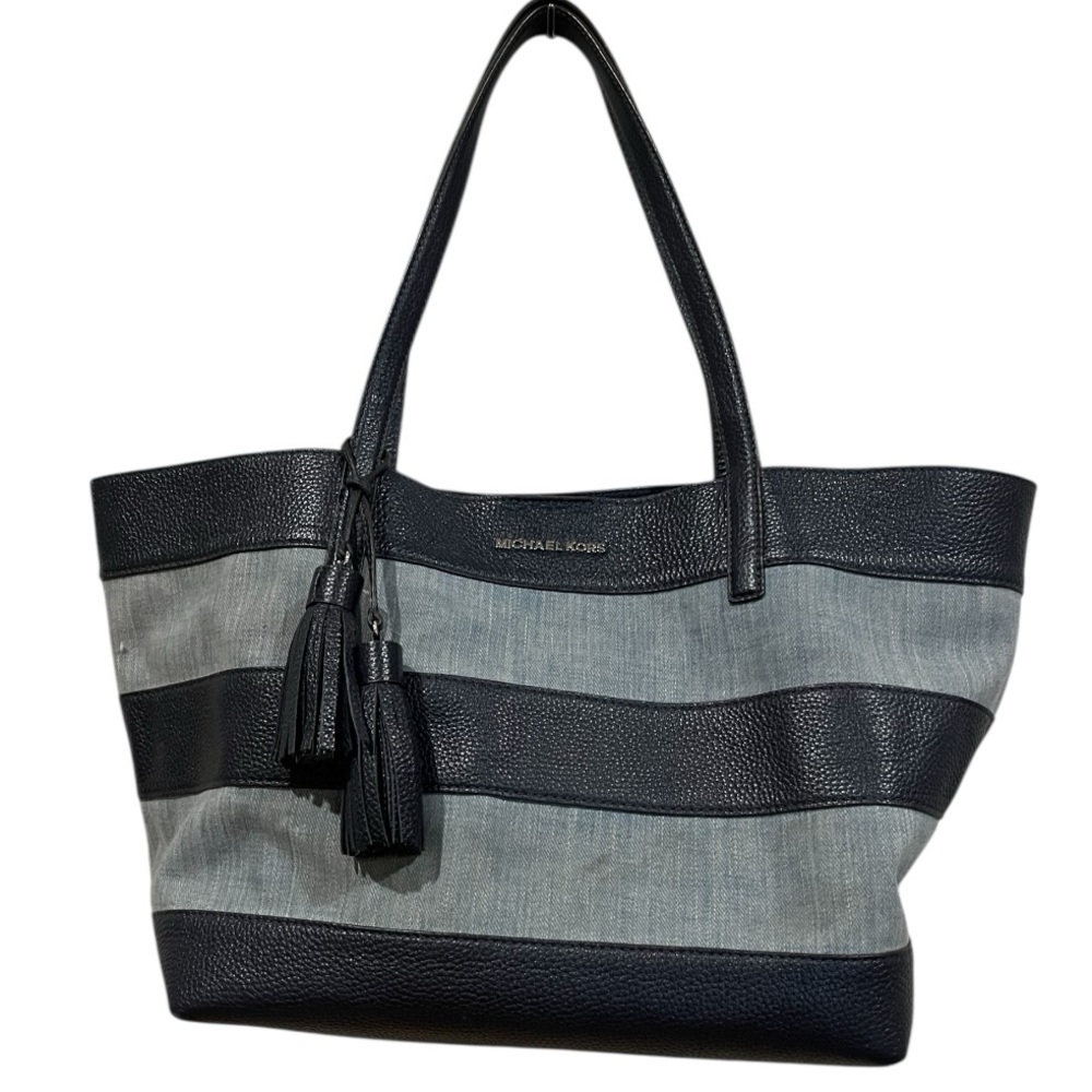 Michael Kors pebbled navy leather and gray canvas striped tote bag